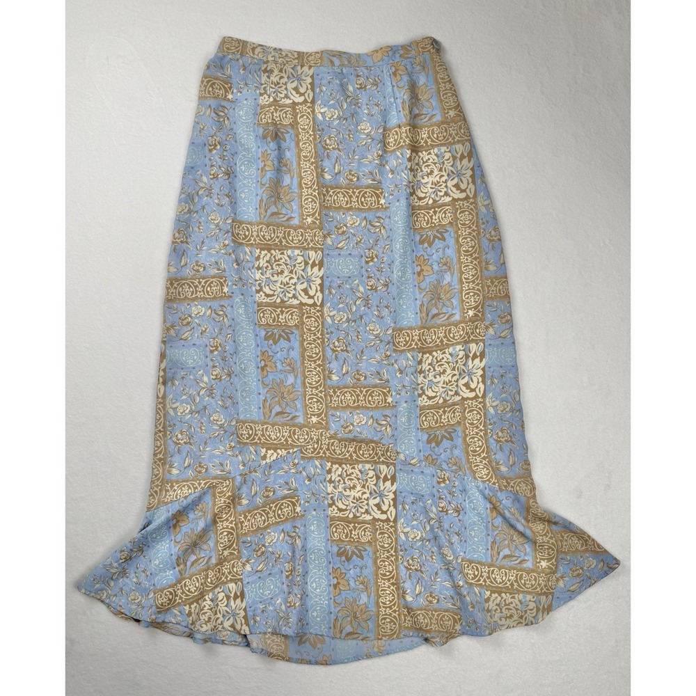 Sag Harbor Floral Midi Skirt Blue Tan Patchwork Womens Size 8 Cottagecore